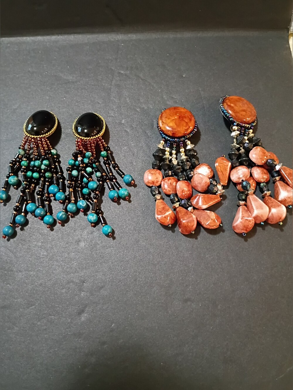 Vintage Clip On Beaded Dangle Earrings - Turquoise & Coral  Estate Jewelry